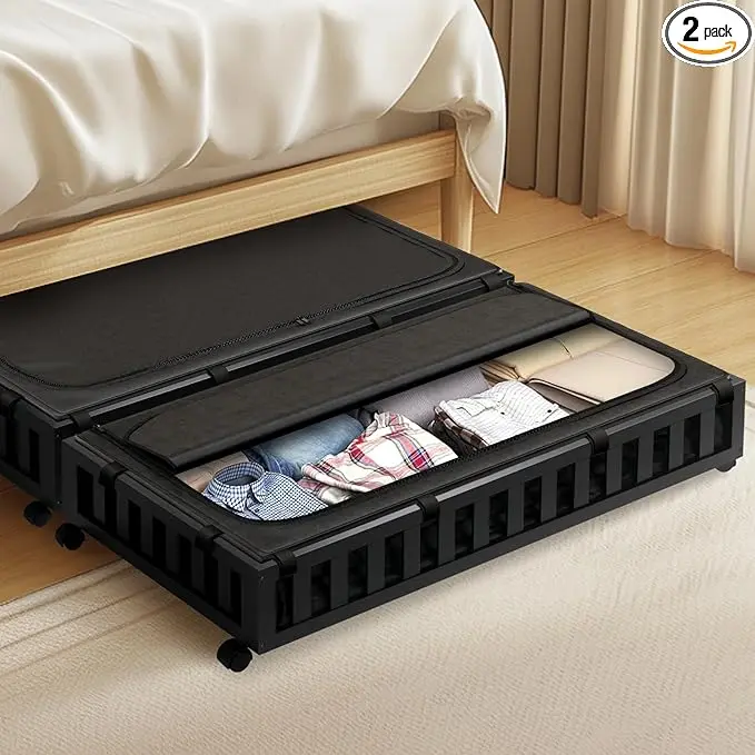 2 Pack Bamboo Under Bed Storage with Wheels, 39âx20âx7.8â Lager Under Bed Storage Containers (Black)