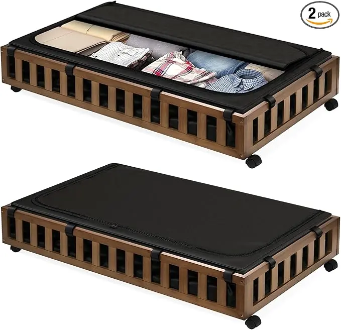 2 Pack Bamboo Under Bed Storage with Wheels, 39âx20âx7.8â Lager Under Bed Storage Containers (Brown)