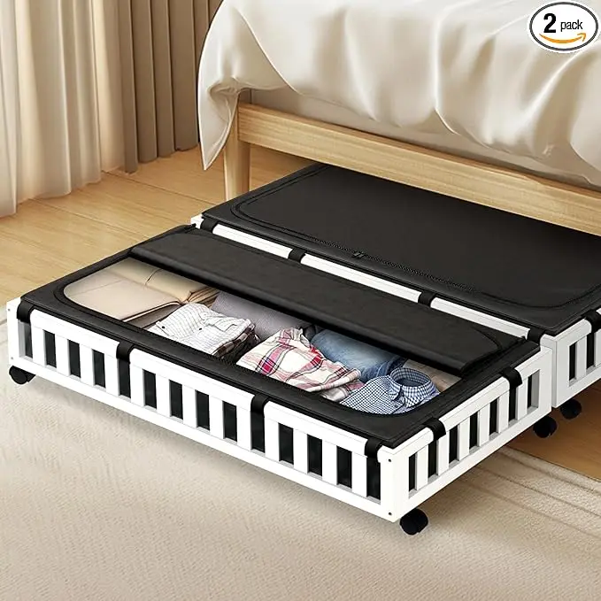 2 Pack Bamboo Under Bed Storage with Wheels, 39âx20âx7.8â Lager Under Bed Storage Containers (White)