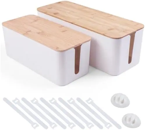2 Pack Cable Management Box, Wooden Style Cord Organizer Box