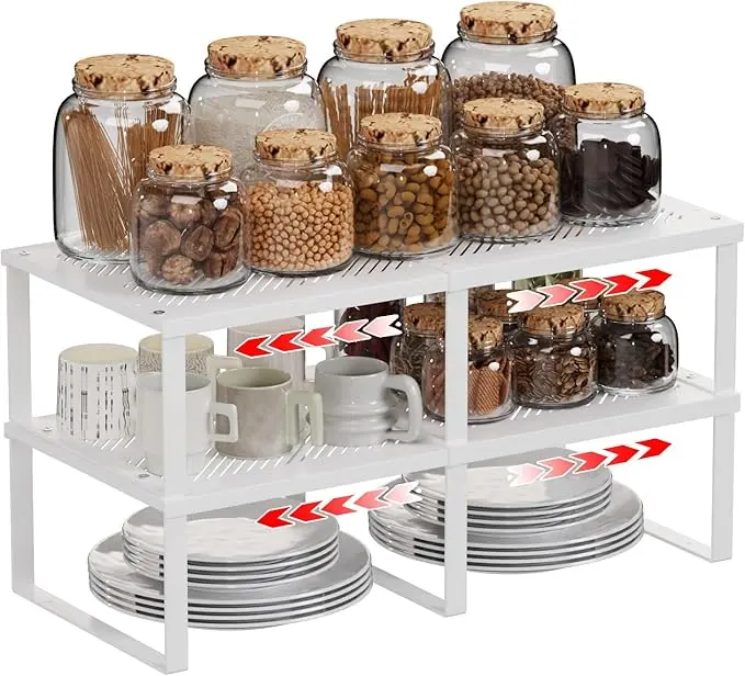 2 Pack Expandable Cabinet Shelves Organizer Width 11'' Stackable Kitchen Counter Storage Shelves,Adjustable Width Pantry Shelf Spice Rack