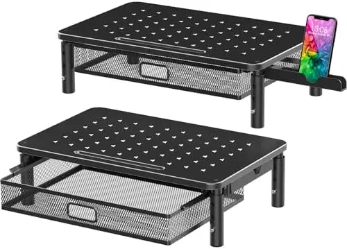 2 Pack Monitor Stand Riser with Metal Drawer, 3 Height Adjustable