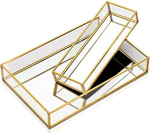 2 Pack Perfume Trays, Decorative Gold Mirror Tray