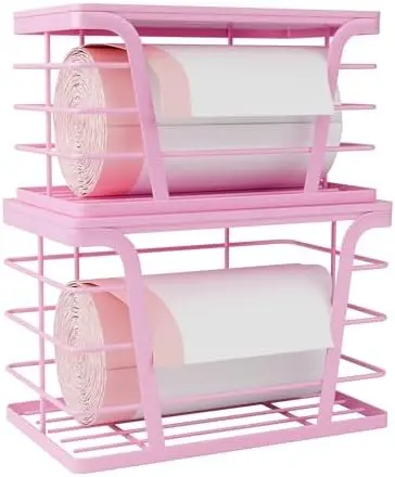 2 Pack Pink - Stackable Garbage Bag Dispenser with Bamboo Top, Kitchen Accessories & Decor, Wall Mount Storage for Kitchen, Home, Bathroom Decor & Gifts