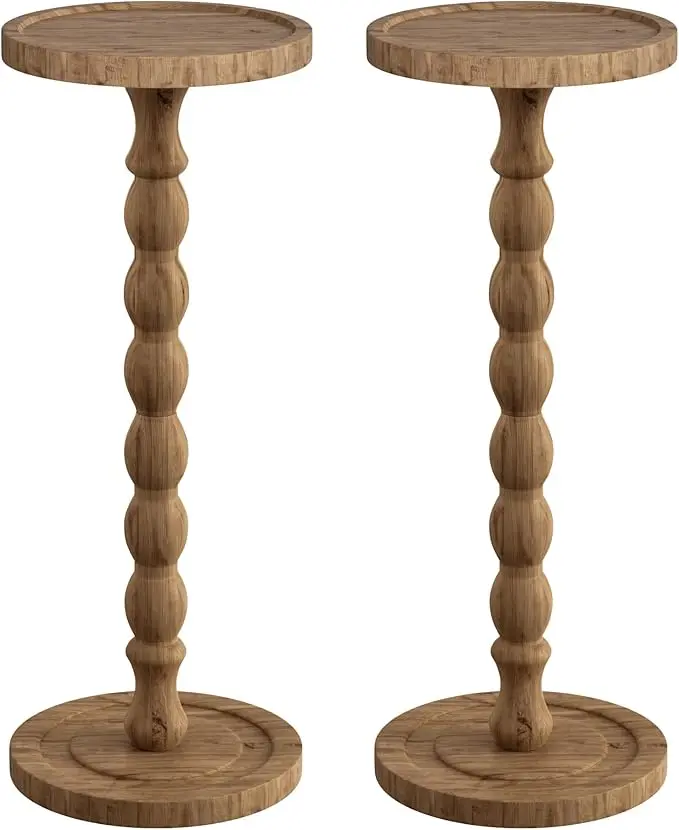 2 Pack Solid Wood Drink Table, Rubber Wood Small Round Side Table