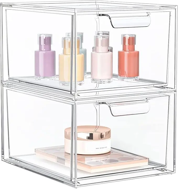 2 Pack Stackable Makeup Organizer and Storage, Acrylic Organizers,Clear Plastic Storage Drawer with Handles for Vanity, Undersink, Kitchen Cabinets, Pantry