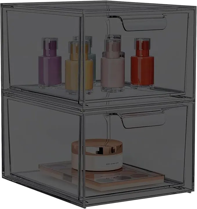 2 Pack Stackable Makeup Organizer and Storage, Acrylic Organizers,Clear Plastic Storage Drawer with Pull-Out Handles for Vanity, Undersink, Kitchen Cabinets, Pantry, Black