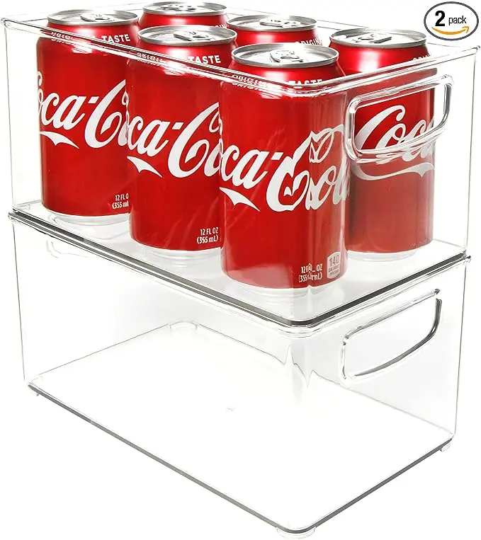 2 Pack Stackable Plastic Storage Organizer Container Bin, Stackable Storage Bins with Handler for Refrigerator, Pantry (10" x 6" x 5")