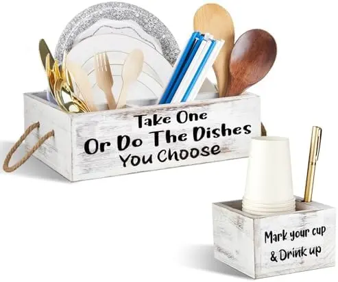 2 Pcs Paper Plate Caddy Kitchen Utensil Holder, Wooden Organizer Set