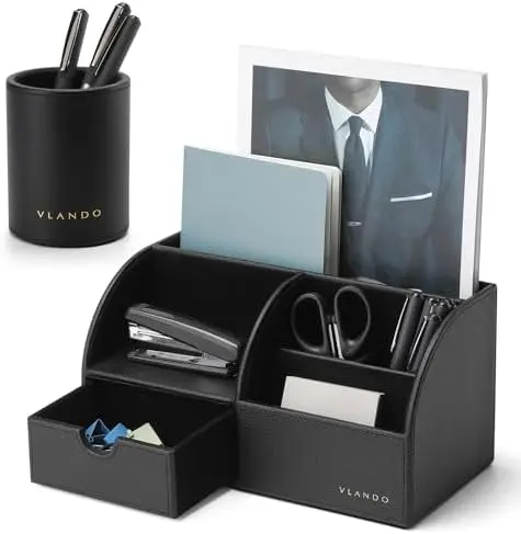 2 Pcs PU Leather Desk Caddy Set with Drawer,Pen Holder
