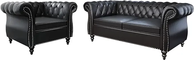 2 Piece Living Room Set, Chesterfield Leather Sofa Couch Chair