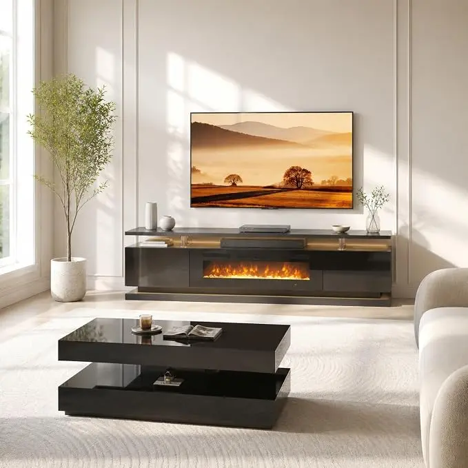 2-Piece Modern Living Room Table Set, Includes High Gloss 70" Fireplace TV