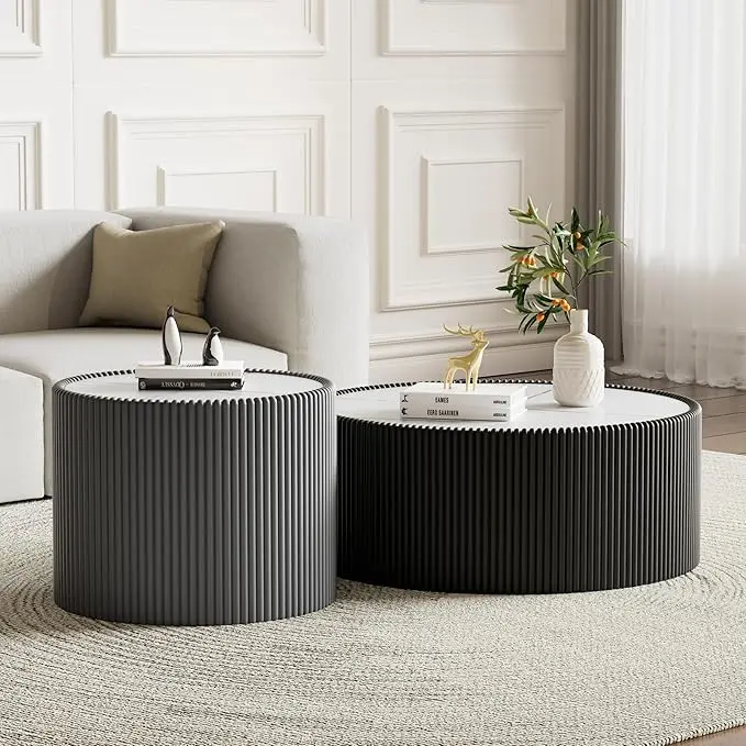 2-Piece Round Nesting Coffee Table Set, 29.52" Marble Coffee Table and End