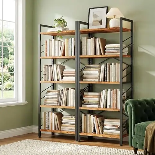 2 Pieces 5 Tier Bookshelf for Narrow Space, Rustic Brown