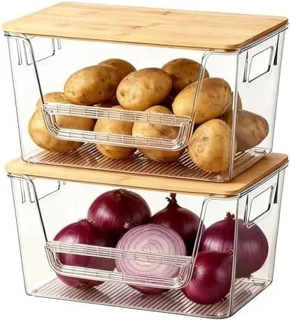 2 Set Pantry Organizers, Clear Trash Bag Holder with Bamboo Lids