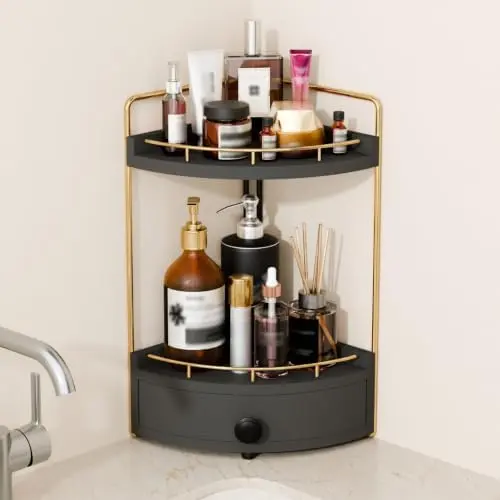 2-Tier Corner Bathroom Counter Organizer with Drawer, Black Gold