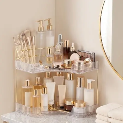 2-Tier Corner Bathroom Counter Organizer with Makeup Brush Holder, Clear