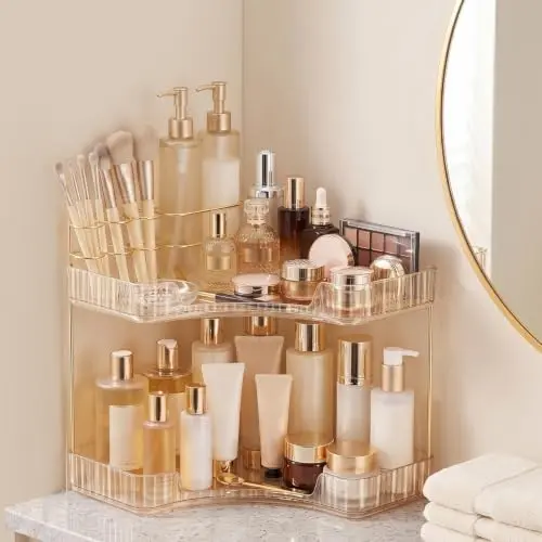 2-Tier Corner Bathroom Counter Organizer with Makeup Brush Holder, Gold
