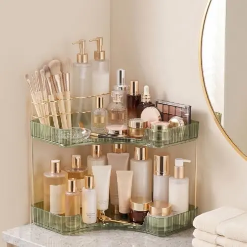 2-Tier Corner Bathroom Counter Organizer with Makeup Brush Holder, Green