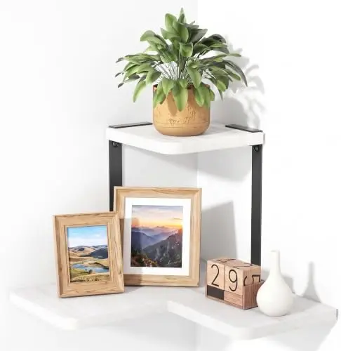 2-Tier Corner Shelf, Rustic Wood Storage Display Shelf, White