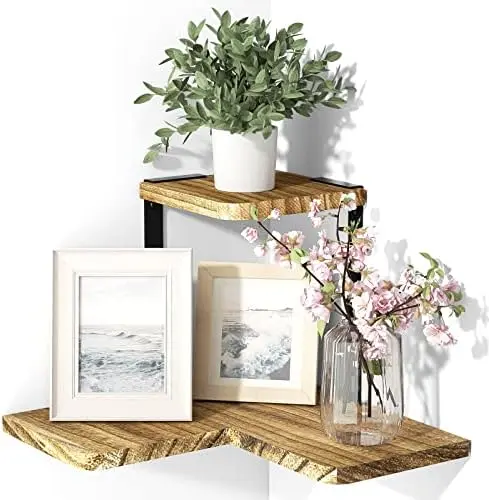 2-Tier Corner Wall Shelf, Rustic Wood Shelf, Carbonized Black