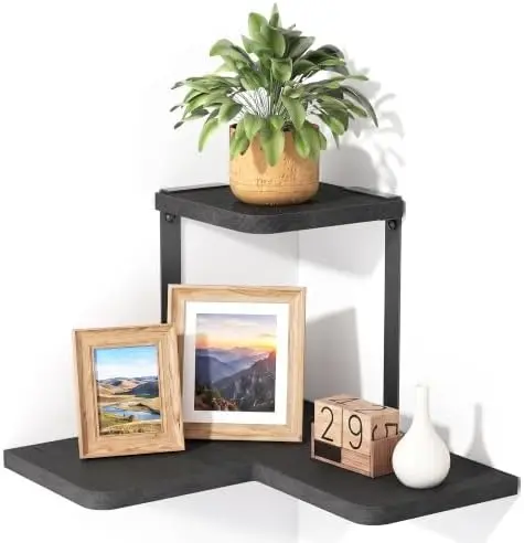2-Tier Corner Wall Shelf, Rustic Wood Storage Display Shelf Black