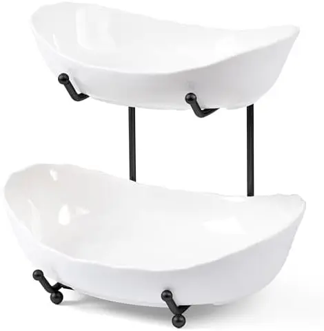 2 Tier Fruit Bowl, Ceramic Fruit Basket for Kitchen Counter