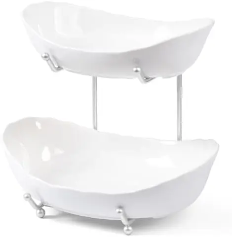 2 Tier Fruit Bowl, Ceramic Fruit Basket for Kitchen Counter