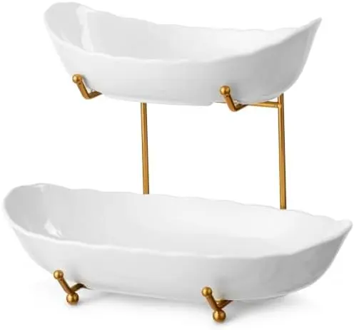 2 Tier Large Fruit Bowl, Ceramic Fruit Basket for Kitchen Counter