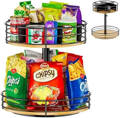 2 Tier Lazy Susan with Adjustable Height and Metal Divider Design, Black