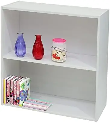 2 Tier Open Shelf Bookcase Storage Organizer, White Wood, Contemporary.