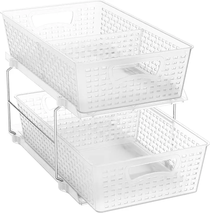 2 Tier Pull-Out Sliding Drawer Under Sink Storage, Clear | Great for Kitchen Bathroom Tray Shelf Organizer