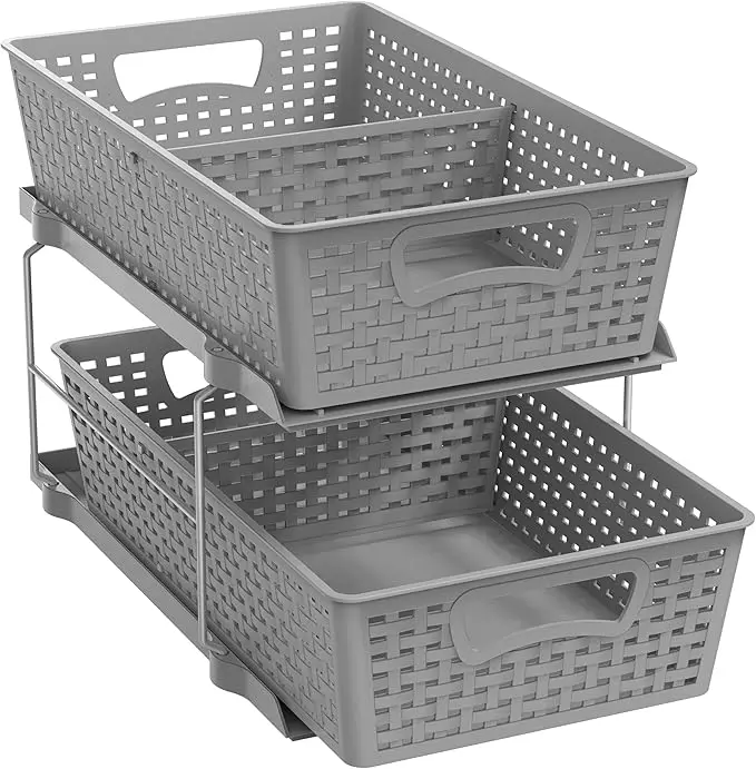 2 Tier Pull-Out Sliding Drawer Under Sink Storage, Gray | Great for Kitchen Bathroom Tray Shelf Organizer