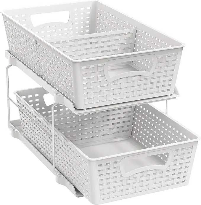 2 Tier Pull-Out Sliding Drawer Under Sink Storage, White | Great for Kitchen Bathroom Tray Shelf Organizer