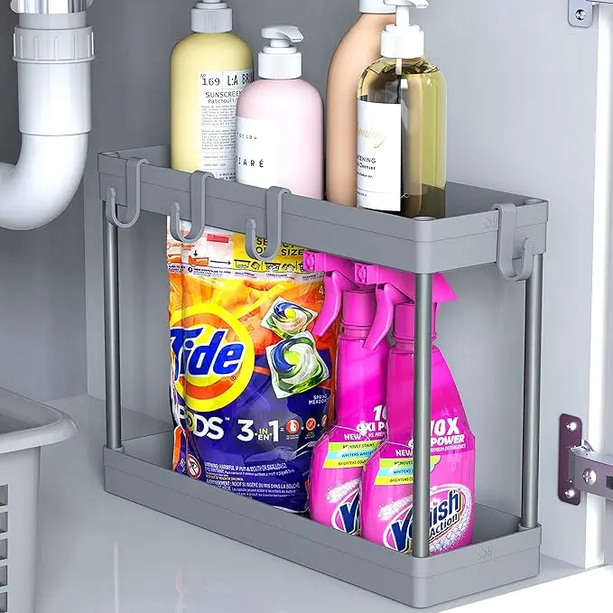 2-Tier Under Sink Organizer Storage Tray with Hooks, Grey