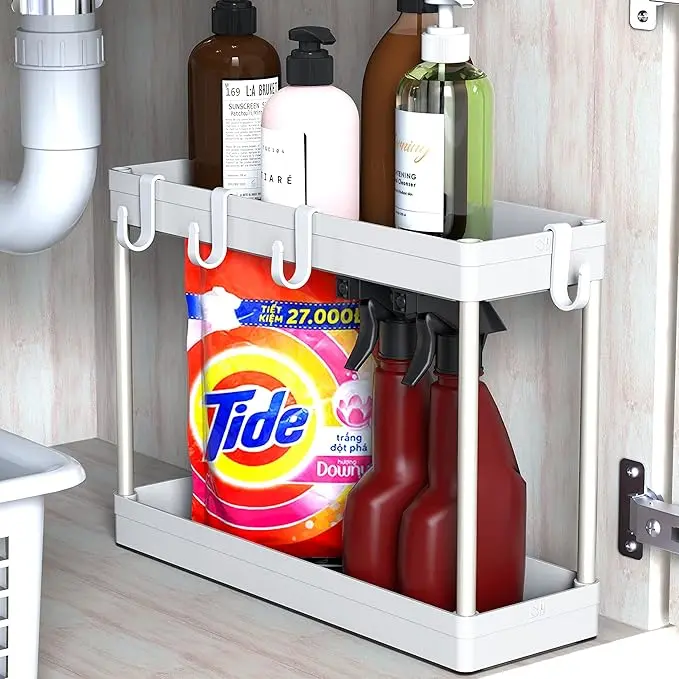 2-Tier Under Sink Organizer Storage Tray with Hooks, White