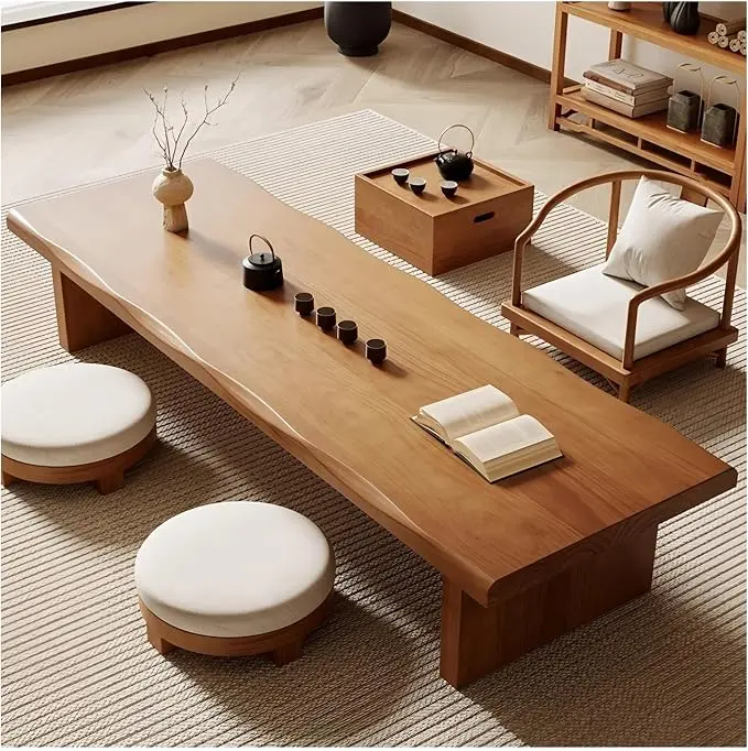 200 cm Solid Wood Low Coffee Table in Japanese Style, Tatami Meditation Table