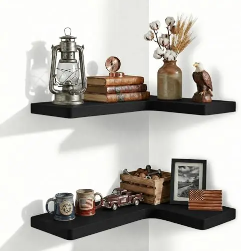 24 Inch Solid Wood Floating Corner Shelves, 2 Pack, Matte Black