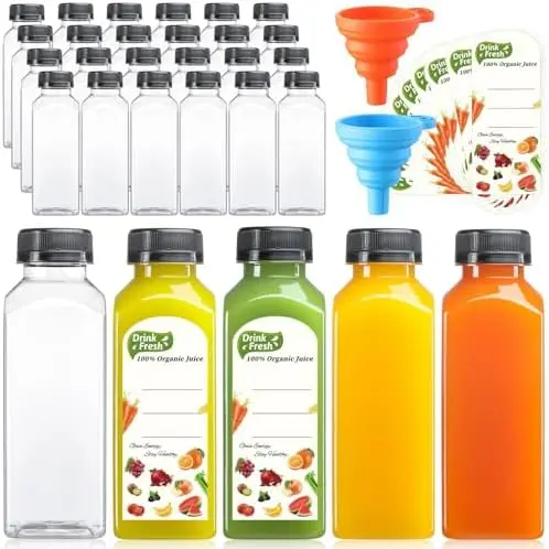 24 PACK, 12 OZ Reusable Thicker Plastic Juice Bottles with Caps, Leakproof