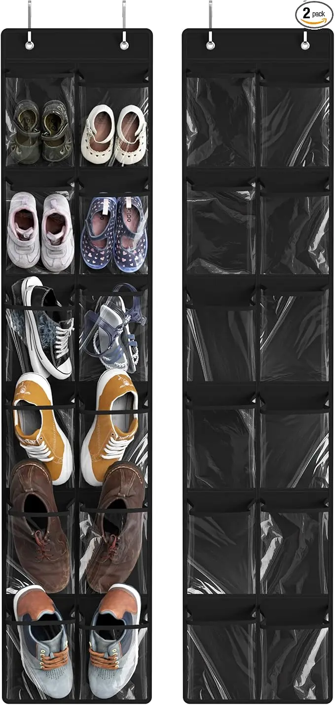 24 Pockets - 2PK 12 Large Pockets Over Door Hanging Shoe Organizer, Black