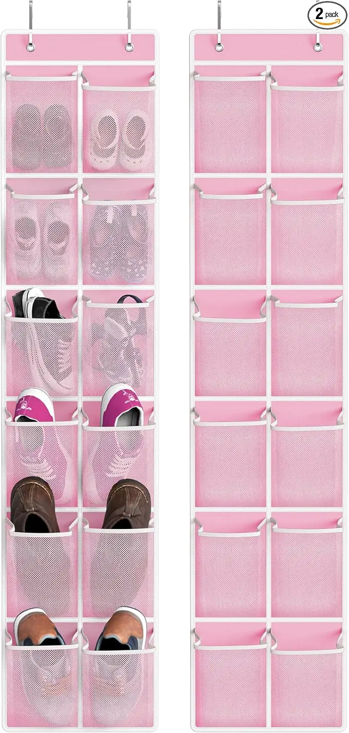 24 Pockets - 2PK 12 Large Pockets Over Door Hanging Shoe Organizer, Pink