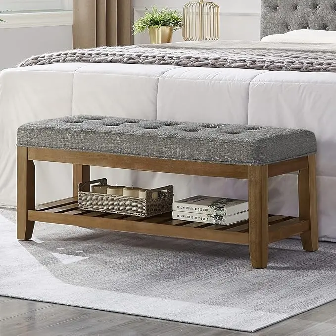 24KF Large Rectangular Upholstered Tufted Linen Fabric Ottoman Bench, Padded