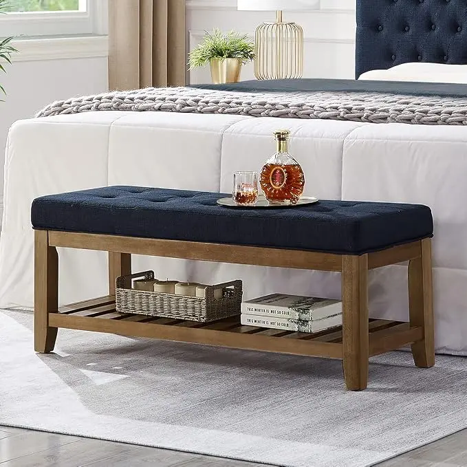 24KF Large Rectangular Upholstered Tufted Linen Fabric Ottoman Bench, Padded
