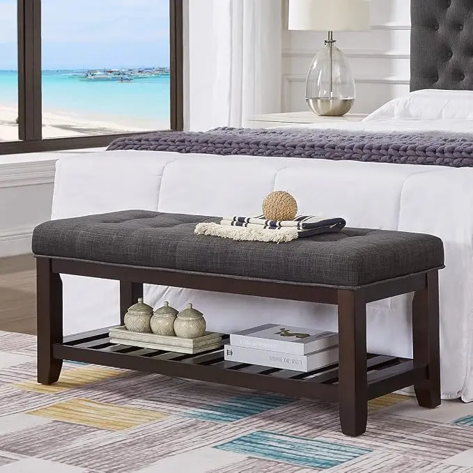 24KF Large Rectangular Upholstered Tufted Linen Ottoman Bench, Padded Bench