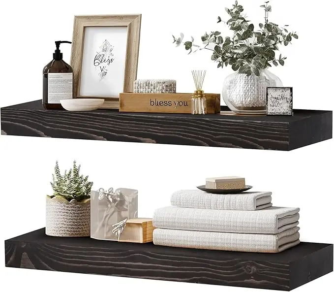 24x8x1.6 inch Floating Shelves Set of 2 – Solid Wood Rustic Black Wall Mounted