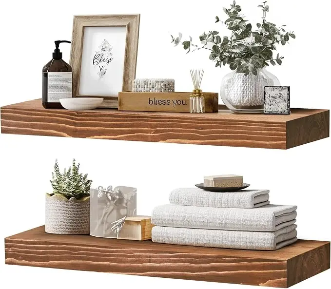 24x8x1.6 inch Floating Shelves Set of 2 – Solid Wood Rustic Brown Wall Mounted