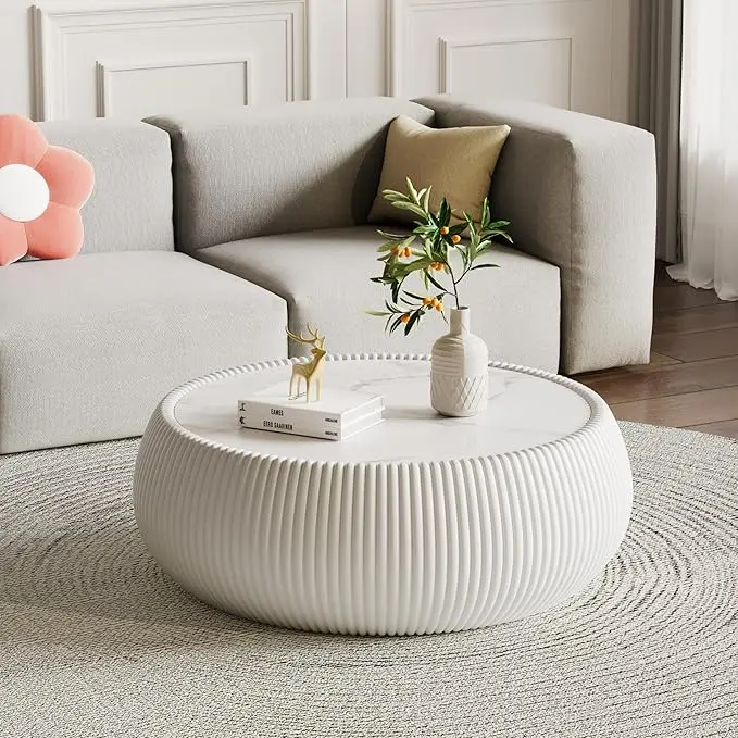 27.55" Round Marble Coffee Table, Modern Drum Coffee Cocktail Center Tables