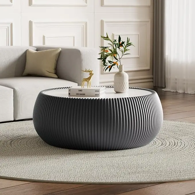 27.55" Round Marble Coffee Table, Modern Fluted Coffee Table