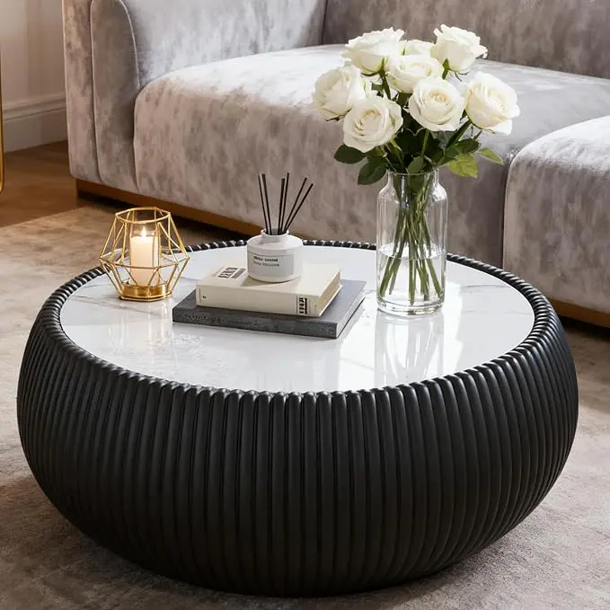 27.55" Round Marble Coffee Table, Modern Fluted Coffee Table