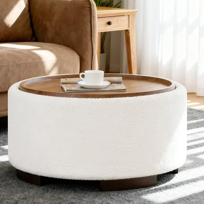29.5 Inch Round Storage Ottoman Coffee Table, Modern Circle Coffee Table